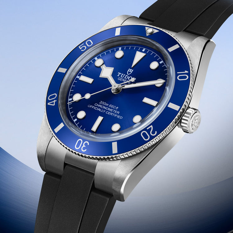 TUDOR Black Bay 54 37mm stainless steel watch with blue dial and black rubber strap