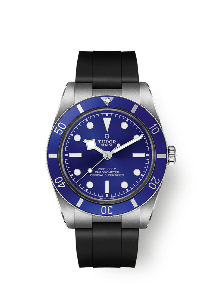TUDOR Black Bay 54 37mm stainless steel watch with blue dial and black rubber strap