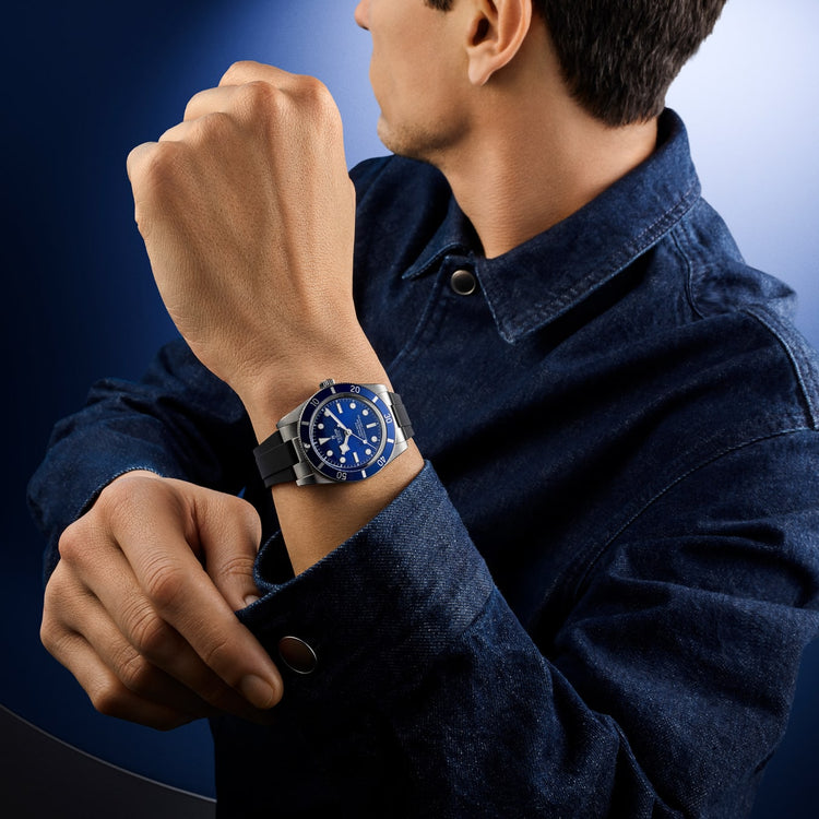 TUDOR Black Bay 54 37mm stainless steel watch with blue dial and black rubber strap