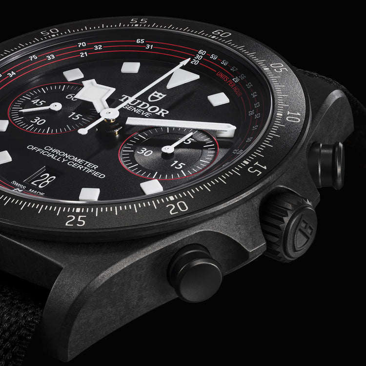 TUDOR Pelagos FXD Chrono M25827KN-0001, 43mm black carbon composite chronograph with matte black dial and black fabric strap