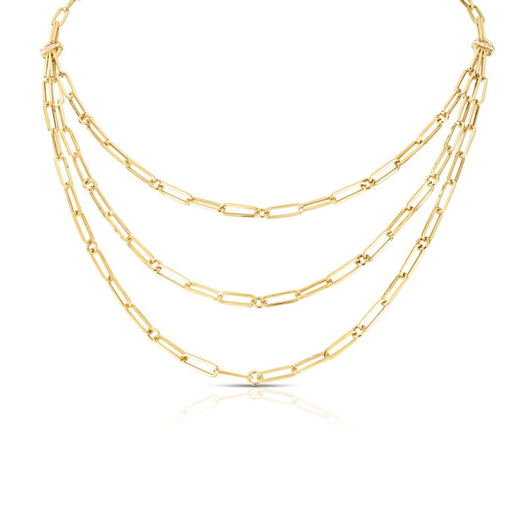 Designer Gold, Triple Strand Paperclip Chain Link Bib Necklace with Diamonds