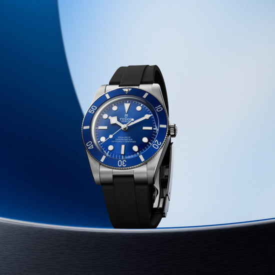 TUDOR Black Bay 54 37mm stainless steel watch with blue dial and black rubber strap