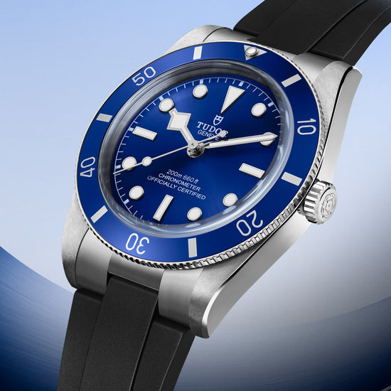 TUDOR Black Bay 54 37mm stainless steel watch with blue dial and black rubber strap