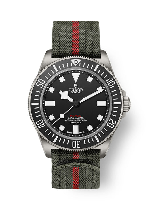 TUDOR Pelagos FXD M25717N-0001, 42mm titanium dive watch with matte black dial and green fabric strap with red band