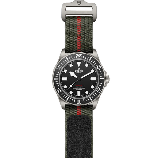 TUDOR Pelagos FXD M25717N-0001, 42mm titanium dive watch with matte black dial and green fabric strap with red band