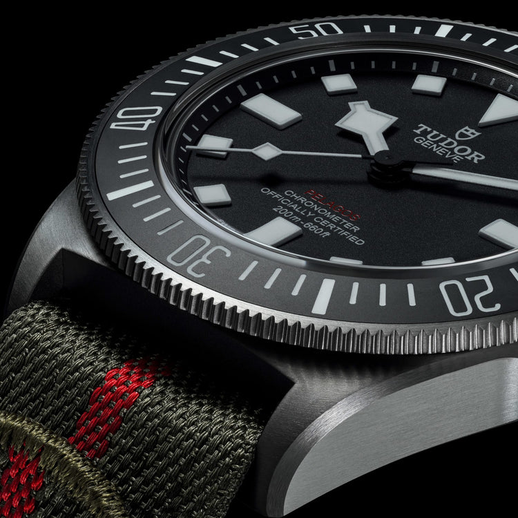 TUDOR Pelagos FXD M25717N-0001, 42mm titanium dive watch with matte black dial and green fabric strap with red band