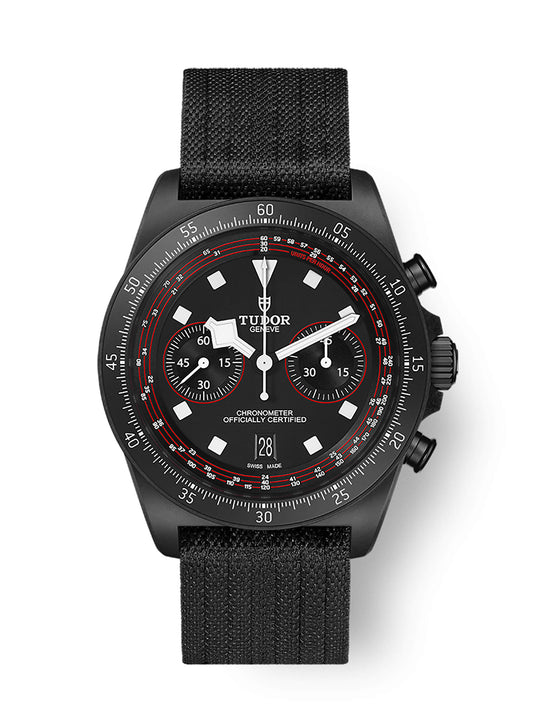 TUDOR Pelagos FXD Chrono M25827KN-0001, 43mm black carbon composite chronograph with matte black dial and black fabric strap
