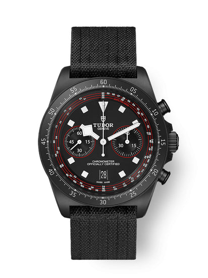 TUDOR Pelagos FXD Chrono M25827KN-0001, 43mm black carbon composite chronograph with matte black dial and black fabric strap