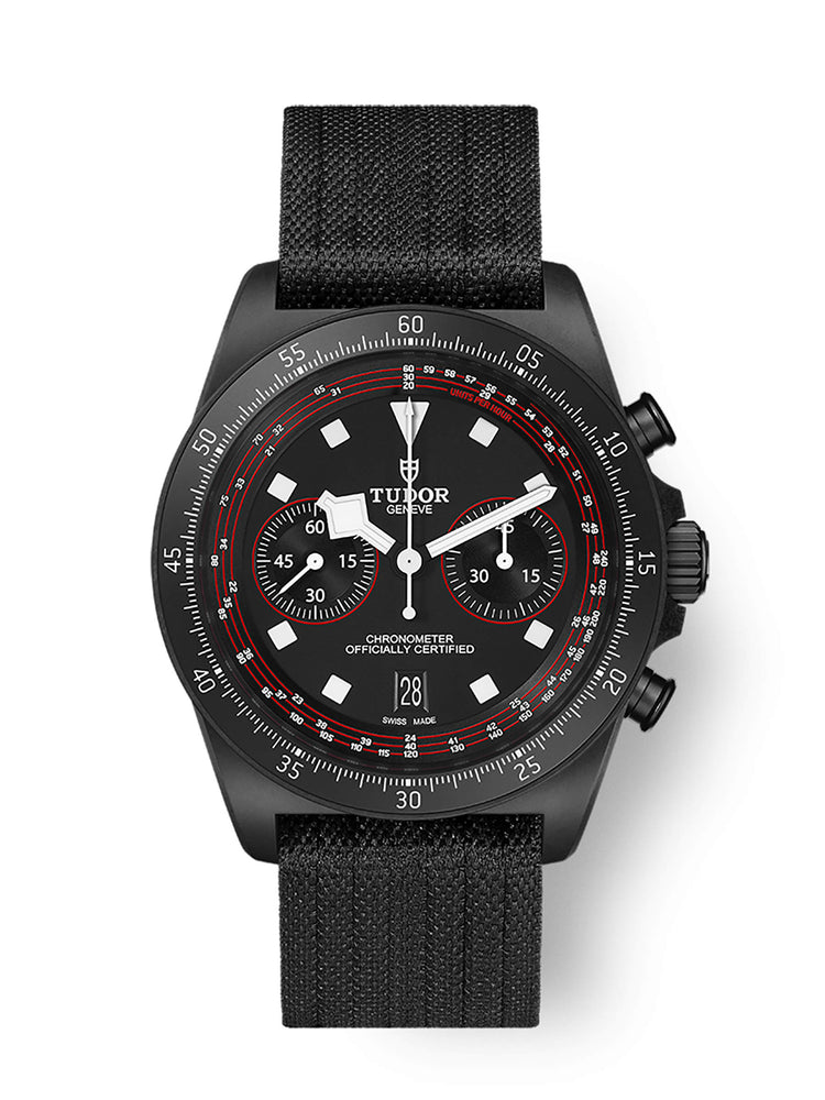TUDOR Pelagos FXD Chrono M25827KN-0001, 43mm black carbon composite chronograph with matte black dial and black fabric strap