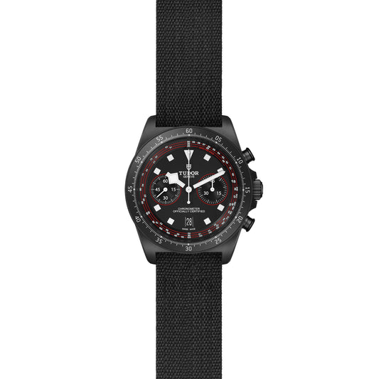 TUDOR Pelagos FXD Chrono M25827KN-0001, 43mm black carbon composite chronograph with matte black dial and black fabric strap