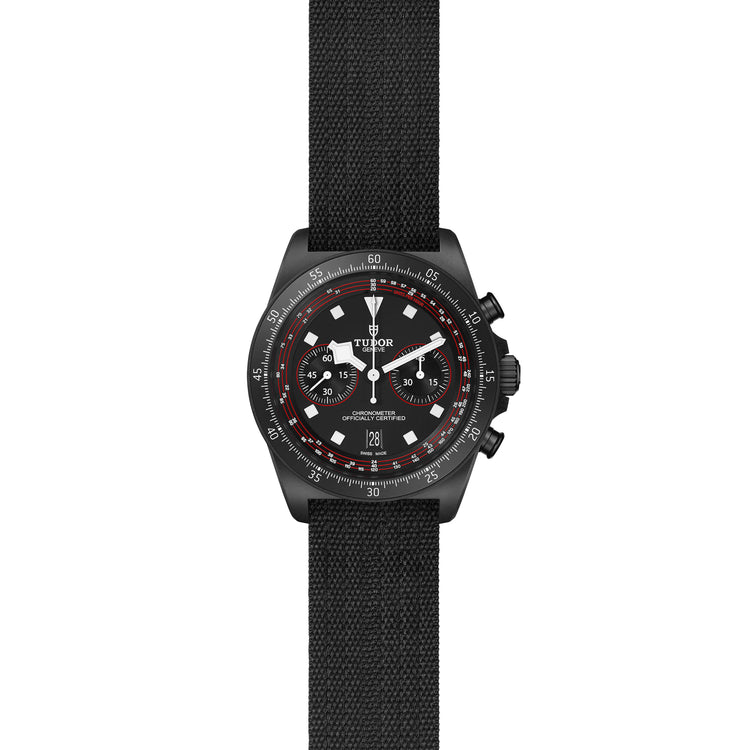 TUDOR Pelagos FXD Chrono M25827KN-0001, 43mm black carbon composite chronograph with matte black dial and black fabric strap